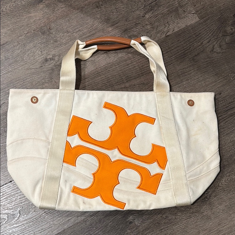Tory Burch Cream and Orange Textured Tote